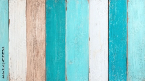 Vertical turquoise and white wooden planks, rustic style background, weathered texture, turquoise and natural wood shades, vintage design, distressed effect, minimalistic, copyspace for text.