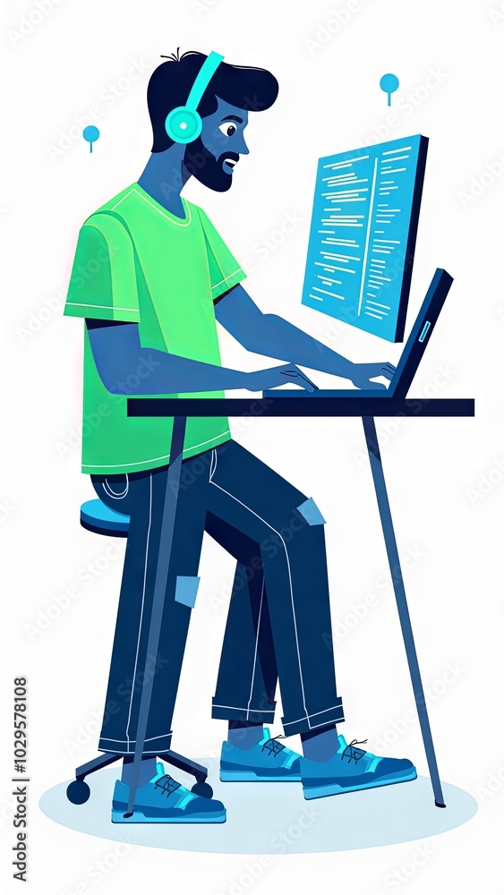 Generative, AI, Man working on computer with headphones in a modern workspace, coding screens in background, vibrant colors. Generative, AI, Man working on computer with headphones in a modern workspace, coding screens in background, vibrant colors.