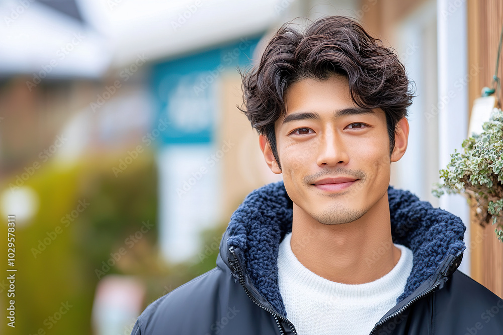 Young Japanese man smiling outdoors during a bright day Young Japanese man smiling outdoors during a bright day