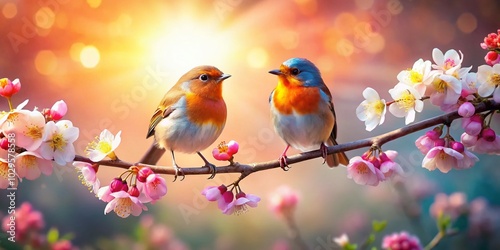 Spring Morning Bliss: Two Birds on a Blossoming Branch