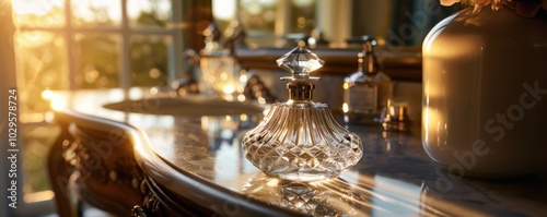 Perfume bottle on the vanity, 4K hyperrealistic photo