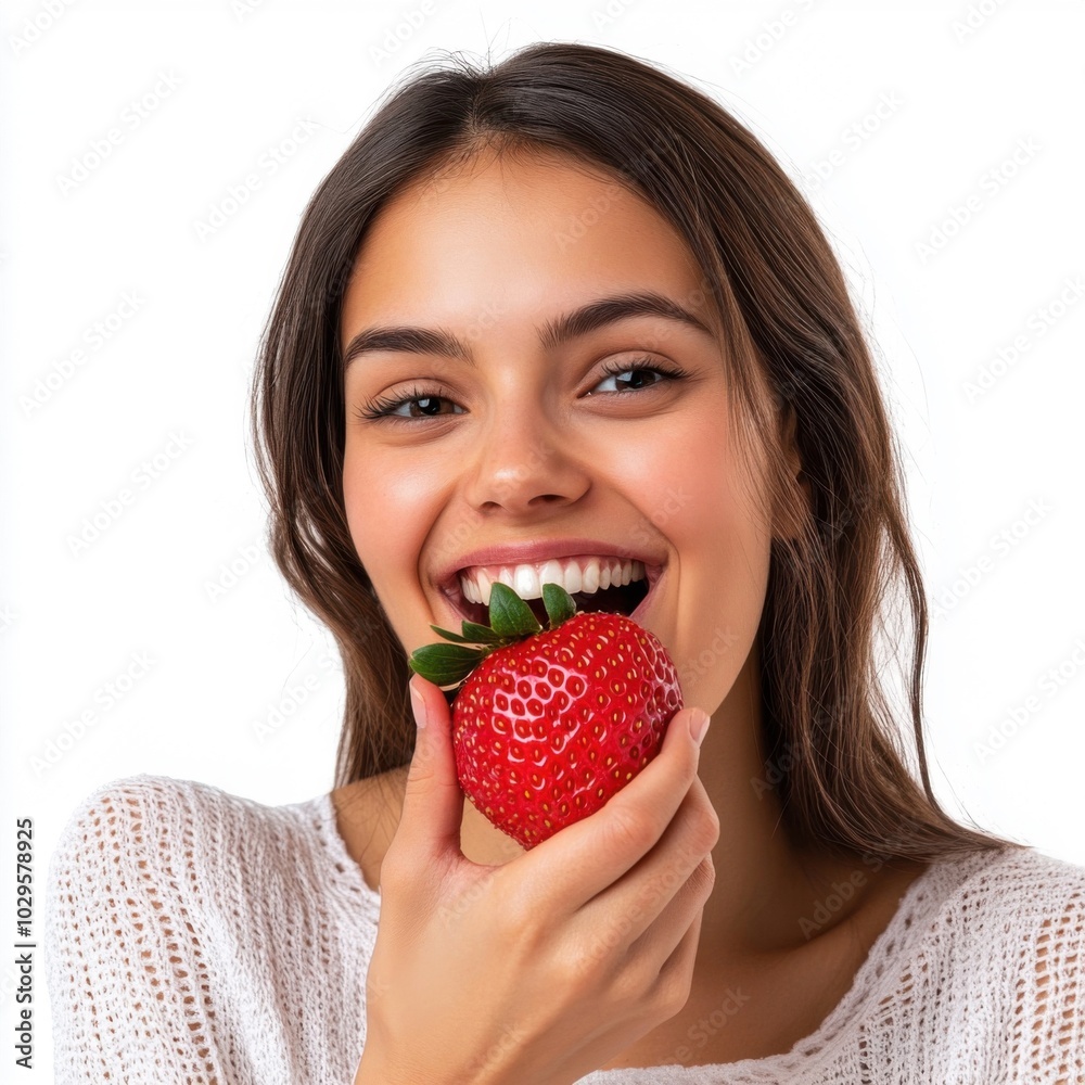 Beautiful woman with dark hair smiling and eating strawberries isolated on white background. Beautiful woman with dark hair smiling and eating strawberries isolated on white background.