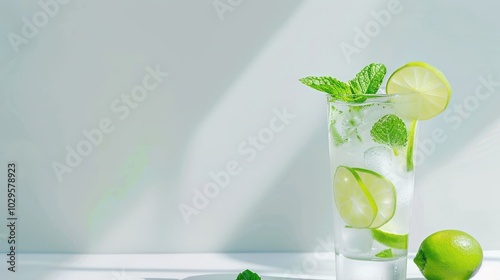 Refreshing lime and mint cocktail in a tall glass on a light background, capturing the essence of summer with vibrant citrus and green hues. photo