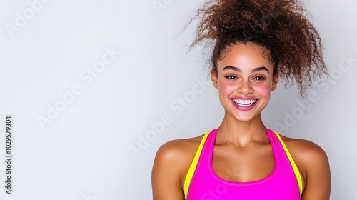 Smiling woman in pink sportswear, athletic style, bright background, cheerful mood, modern fitness fashion, active lifestyle, energetic expression, casual workout look, copy space for text.