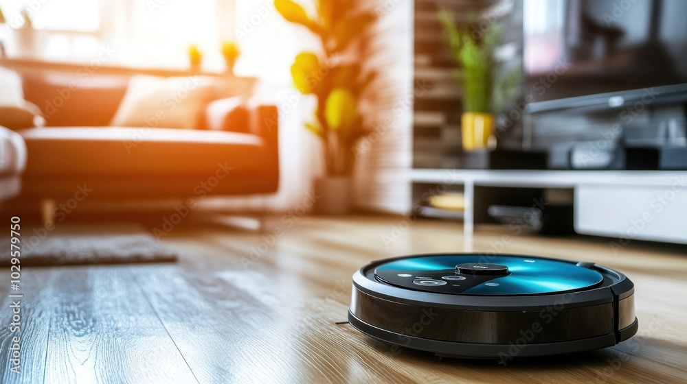 Modern Robot Vacuum Cleaner on Hardwood Floor in Living Room Modern Robot Vacuum Cleaner on Hardwood Floor in Living Room