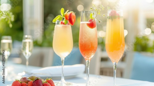 Refreshing summer cocktails with strawberries and mint, elegantly served in glasses on a sunny patio setting, perfect for relaxation.