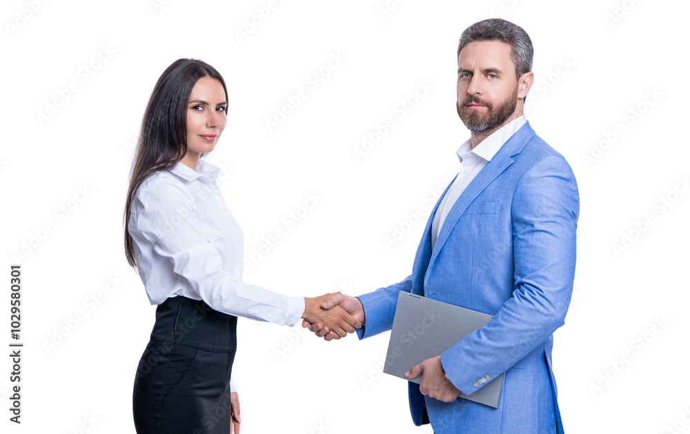 businesspeople improve cooperation with supplier. business man woman handshaking for successful cooperation isolated on white. business relationship. business cooperation success. Confident handshake businesspeople improve cooperation with supplier. business man woman handshaking for successful cooperation isolated on white. business relationship. business cooperation success. Confident handshake