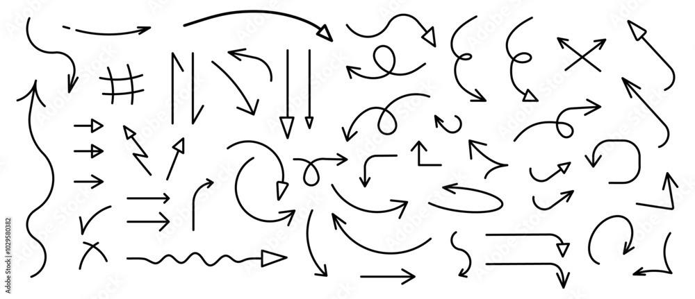 Set of different arrow shapes with digital hand drawn scribble effect on black for design in fun presentations and animated visuals vector illustration