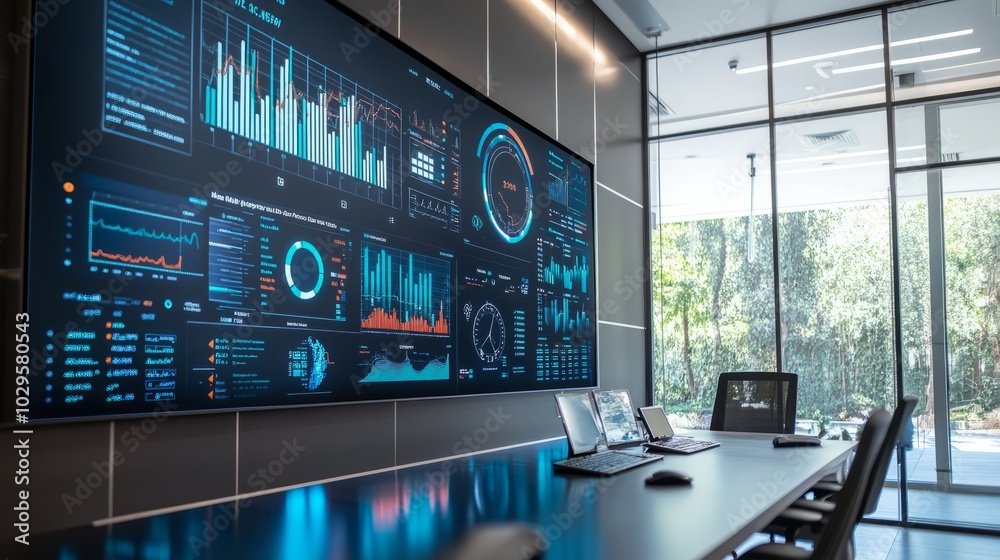 Large digital modern display with various information placed on the wall in an office with table and chairs in a large company with space for text or inscriptions
