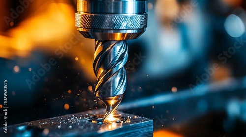 Close shot of a drill bit drilling into a piece of metal with a slightly blurred background with space for text or inscriptions
 photo