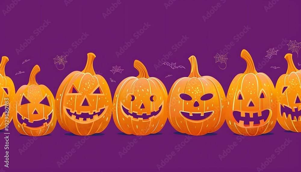 Halloween pumpkins, purple backdrop, vector illustration, space on right side for text, poster. Halloween pumpkins, purple backdrop, vector illustration, space on right side for text, poster.