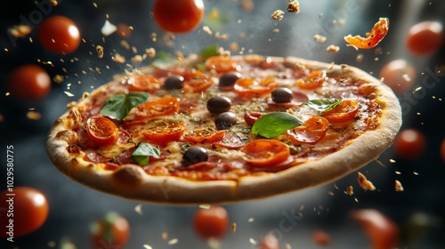 Pizza levitating from the air with olives, tomatoes, cheese and other ingredients close-up. Advertisement or banner for a pizzeria with space for text or inscriptions
