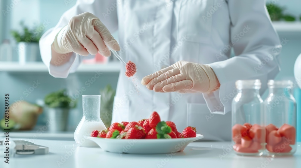 Scientist in lab coat and gloves examining strawberries in a laboratory setting, focusing on fruit quality and health research. Scientist in lab coat and gloves examining strawberries in a laboratory setting, focusing on fruit quality and health research.