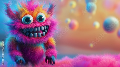 A fluffy, colorful monster smiles broadly with big blue eyes.