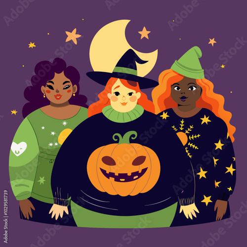 Female plus size Halloween black sweatshirt mockup, pumpkins and plants on background