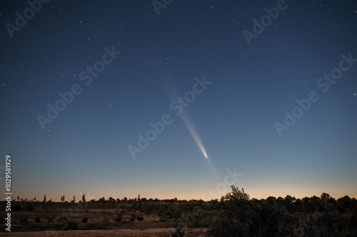 stars and comet in evening sky, magical shot of space after sunset