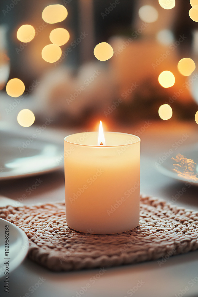 Warm candle glowing softly on a beautifully set dining table during a cozy evening gathering