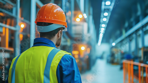 A worker in a hard hat and safety vest looks down a long industrial corridor.