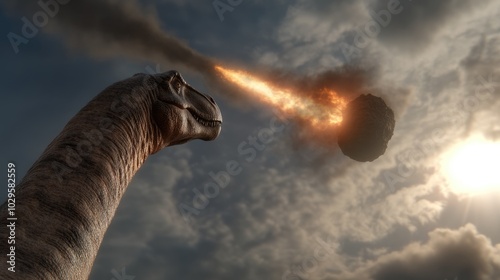 Fototapeta Naklejka Na Ścianę i Meble -  Extinction event: the dramatic fall of an asteroid and its fragments, capturing the moment of impact as dinosaurs face the catastrophic force that forever changes the course of Earth's history.