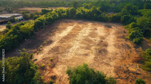 A cleared patch of land bordered by trees, ready for construction. photo