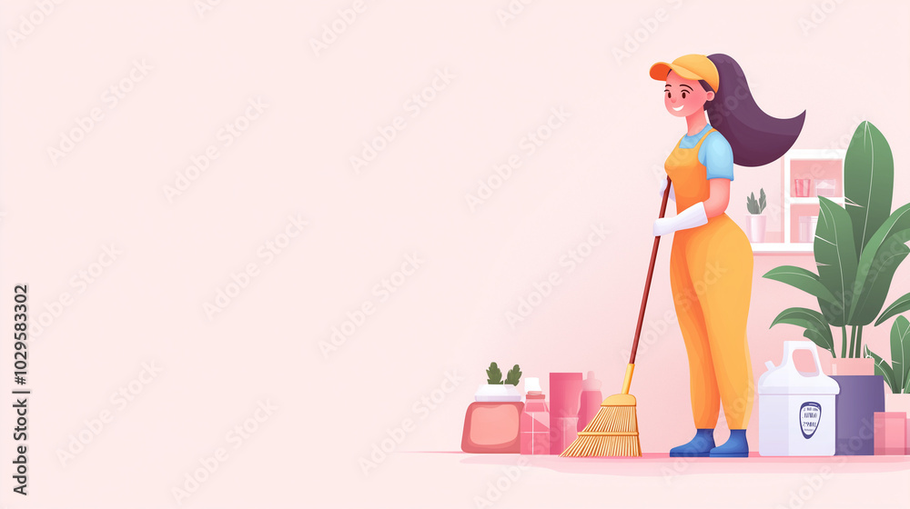 Smiling woman in overalls sweeps the floor with a broom.