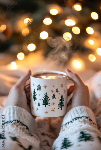 Cozy hands holding a festive mug of hot beverage amidst glowing Christmas lights during winter evenings