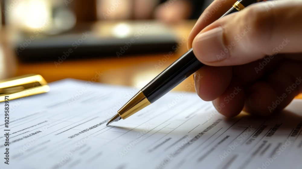 Hand holding a pen poised over a document, suggesting the act of signing or completing paperwork in a professional setting. Hand holding a pen poised over a document, suggesting the act of signing or completing paperwork in a professional setting.