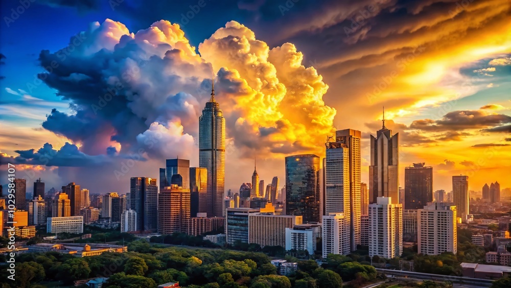 Obraz premium Stunning City Skyline with Dramatic Cloud Background for Urban Landscape Photography