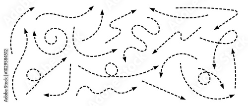 Set of black hand drawn arrows with dotted path lines. Collection of curved dashed pointers in doodle style. Direction, orientation or cursor signs isolated on white background. Vector illustration