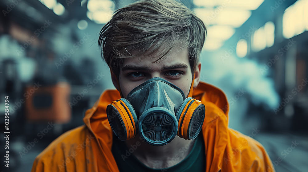 Young man in respirator at factory amidst smoke and machinery. Harmful production. Young man in respirator at factory amidst smoke and machinery. Harmful production.