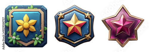 Colorful Game Badges with Star and Flower Symbols