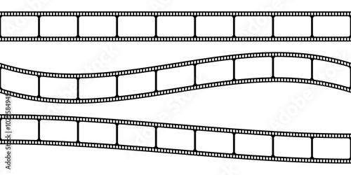 Set of blank straight and curved film strips. Horizontal video or photo camera tapes isolated on white background. Storyboard layouts. Vintage frames for photographic collage. Vector illustration.