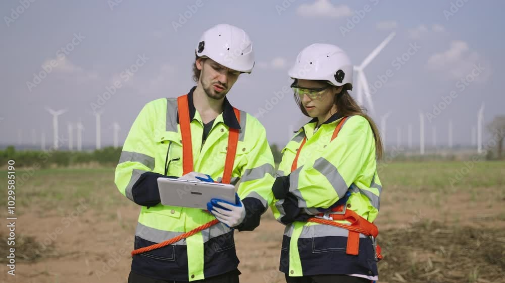 Renewable energy engineers working on wind turbine projects. Technician workers using a digital tablet work outdoors at windmill farms. Engineers research environmentally friendly ecology energy. Renewable energy engineers working on wind turbine projects. Technician workers using a digital tablet work outdoors at windmill farms. Engineers research environmentally friendly ecology energy.