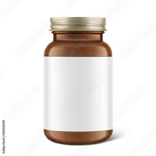 Brown glass wide mount bottle with screw cap and label mockup for treats, vitamins, supplements isolated on white background. Vector illustration. Ready for your design. EPS10.