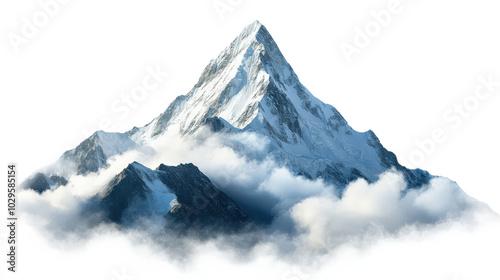 A majestic snowy mountain peak rising above fluffy clouds, showcasing natural beauty and serenity in a breathtaking alpine landscape. photo