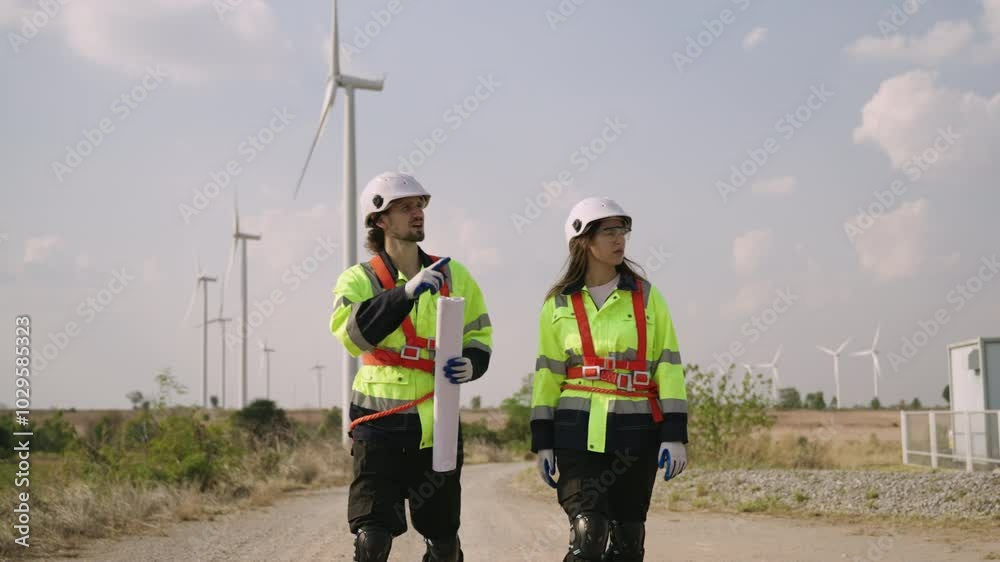 custom made wallpaper toronto digitalRenewable energy engineers working on wind turbine projects. Technician worker working outdoors at windmill farm. Environmental engineers research environment friendly alternative ecology energy.