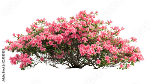 Blooming pink azalea bush with vibrant flowers isolated on white background, showcasing nature's beauty and elegance. Perfect for floral design.