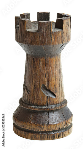 Close-up of a wooden rook chess piece, symbolizing strategy and intellect in a game of chess, isolated on a white background. photo