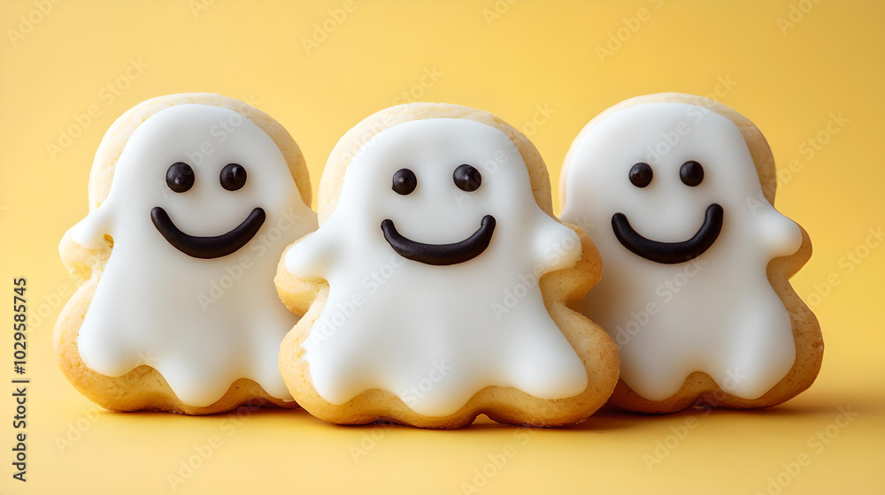 Smiling Halloween Ghost Cookies on Yellow Background
Smiling Halloween Ghost Cookies on Yellow Background