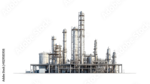 Industrial refinery plant with intricate network of pipes and towers against clear sky, showcasing modern manufacturing infrastructure.