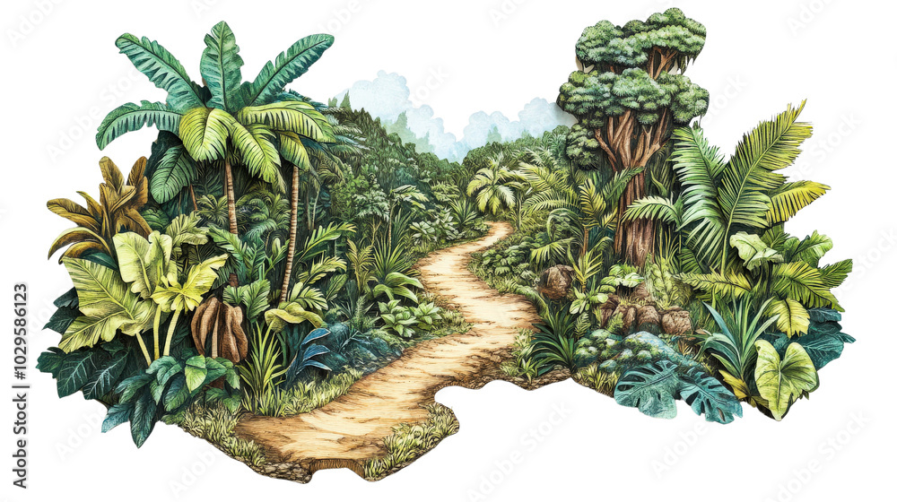 Fototapeta premium Lush tropical forest with a winding path, surrounded by dense greenery and vibrant plant life, inviting exploration and adventure.