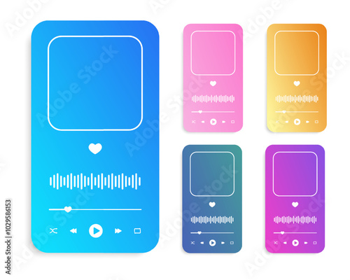 Set of colorful audio player interface templates with album cover frame, buttons, progress loading bar and equalizer wave. Playback menu widgets isolated on white background. Vector illustration.