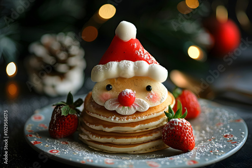 Delicious kids dessert for christmas Sanata claus pancakes. High quality photo