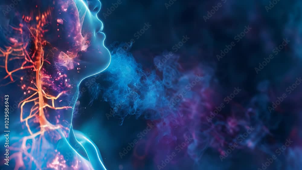 Asthma: The Shortness of Breath and Wheezing - Visualize a person with highlighted airways showing inflammation, experiencing shortness of breath and wheezing