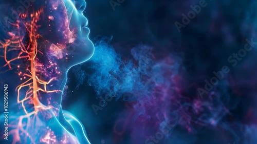 Asthma: The Shortness of Breath and Wheezing - Visualize a person with highlighted airways showing inflammation, experiencing shortness of breath and wheezing