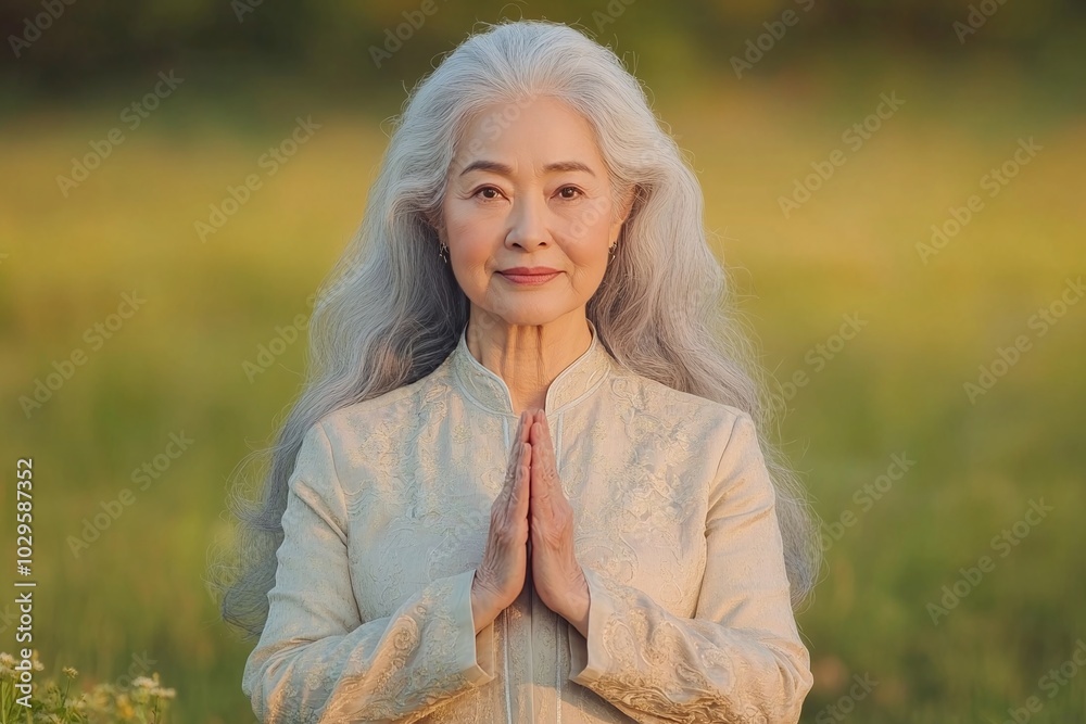 Serene elderly woman with long silver hair, practicing meditation outdoors, wearing white outfit, standing in a green field, peaceful and calm, senior wellness and mindfulness, space for text.
Serene elderly woman with long silver hair, practicing meditation outdoors, wearing white outfit, standing in a green field, peaceful and calm, senior wellness and mindfulness, space for text.