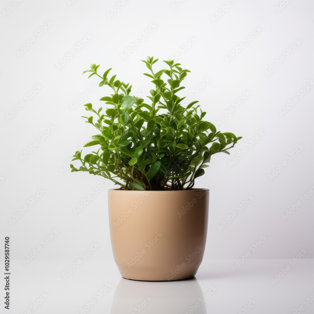 Simple and Elegant Potted Green Plant for Home Decor | Minimalist Plant in a Beige Pot on White Background Simple and Elegant Potted Green Plant for Home Decor | Minimalist Plant in a Beige Pot on White Background