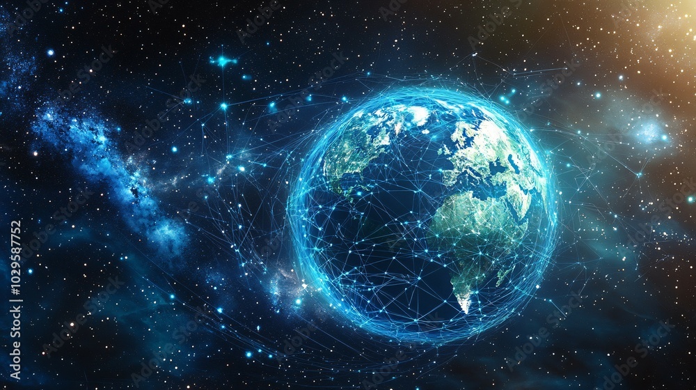 Obraz premium Earth Connected by a Network of Lines and Nodes in Space