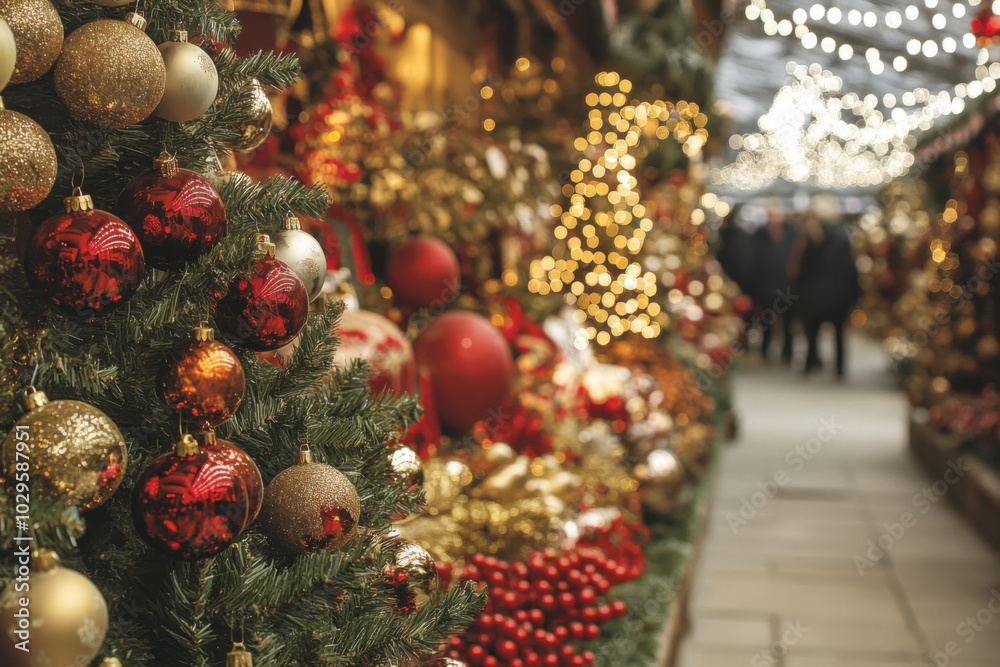 Fototapeta premium Christmas trees decorated with balls and garlands on the city street. Merry Christmas and Happy New Year celebration concept