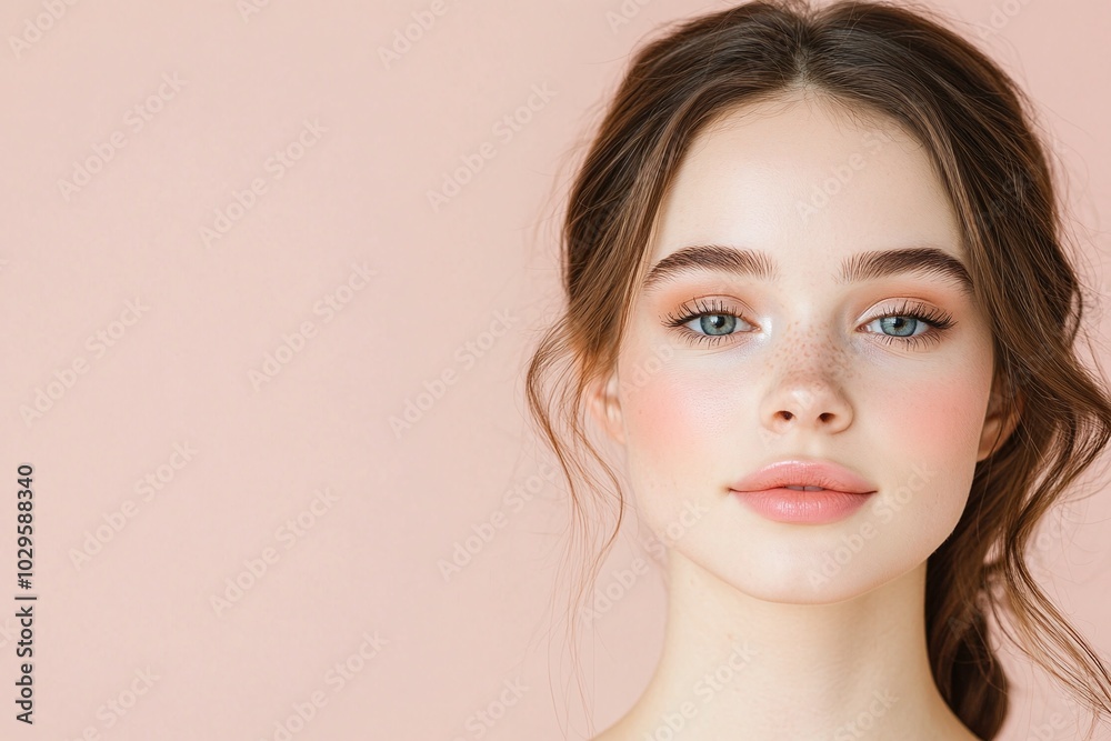 Young woman with natural makeup, soft blush and glowing skin, standing against pale pink background, minimalistic beauty portrait, natural elegance, space for text.
Young woman with natural makeup, soft blush and glowing skin, standing against pale pink background, minimalistic beauty portrait, natural elegance, space for text.